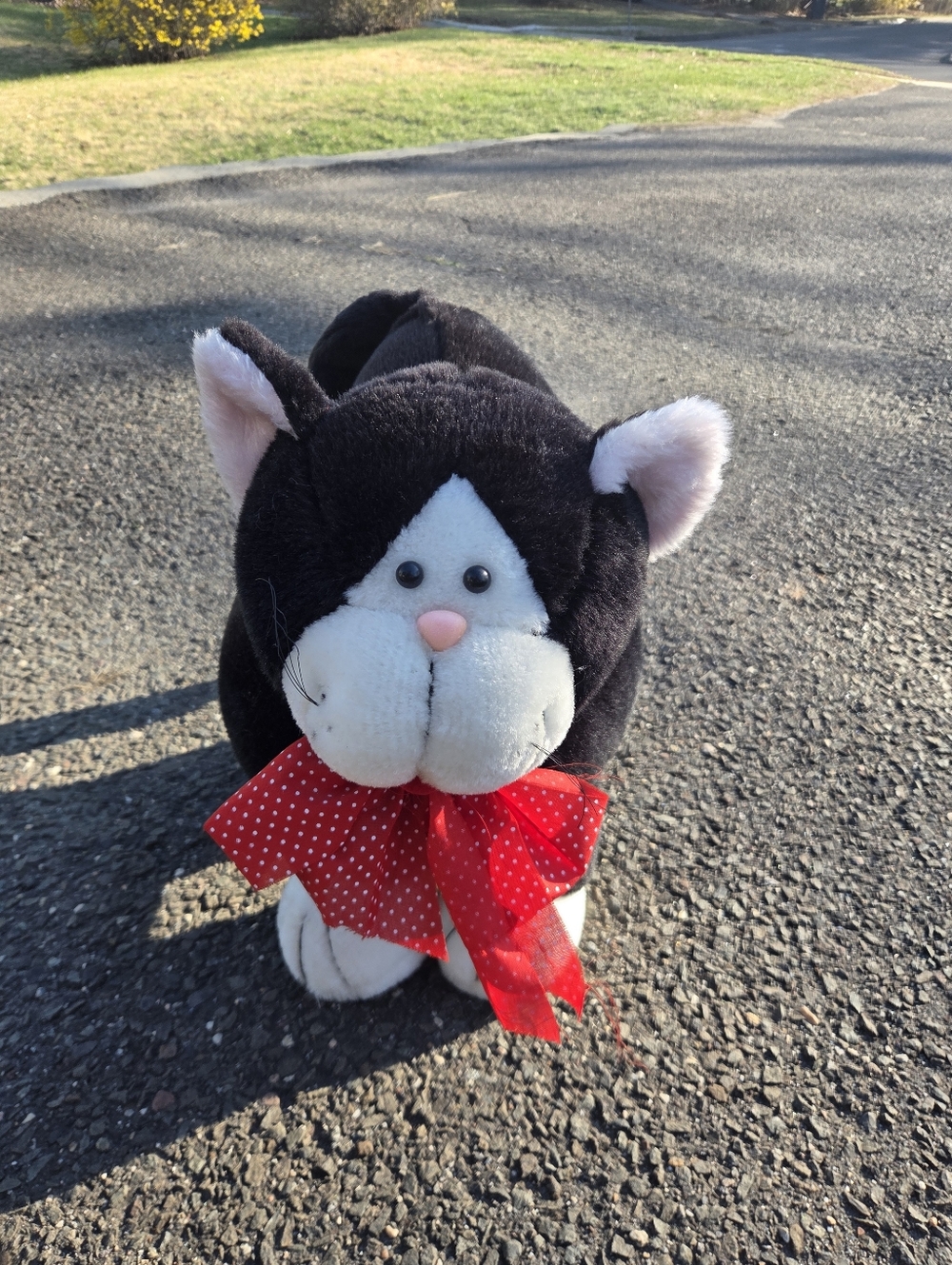 Vin CAT FOOT STOOL Black & White Plush Cat with Red Polka Dot Bow